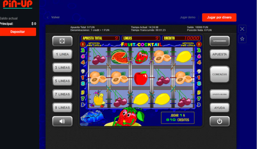 Interfaz de la tragaperras Pin-Up con varios símbolos de fruta y opciones de apuesta.