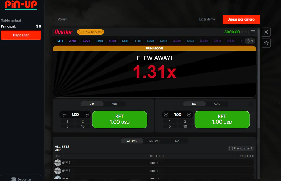Juego de aviador en plataforma Pin-up que muestra un avión volando con un multiplicador de 1,31x