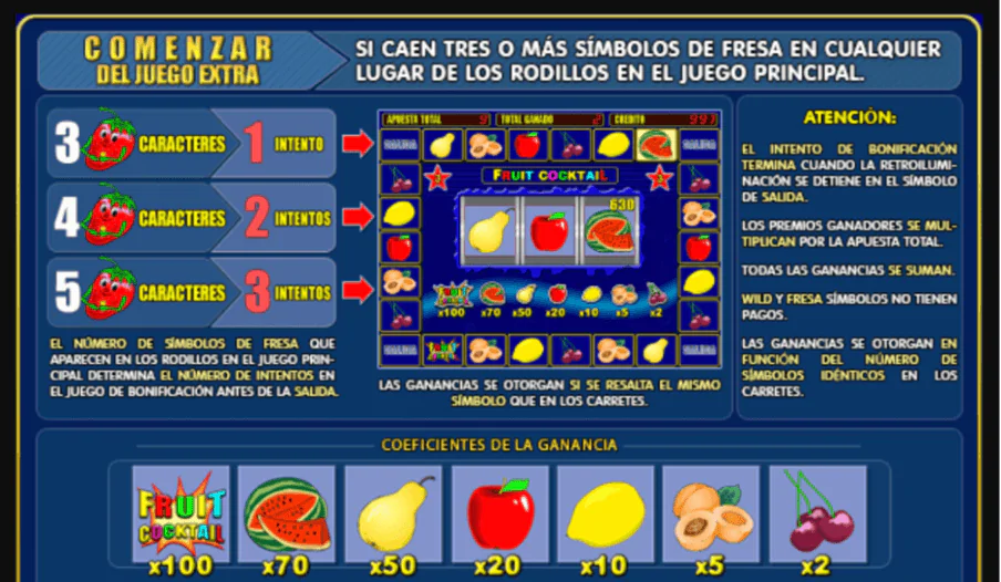 Instrucciones de la ronda de bonificación de cóctel de frutas y coeficientes de pago del juego de tragaperras.