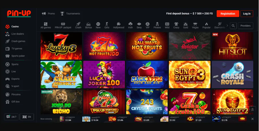 Pantalla de selección de juegos de Pin-up Casino con juegos populares como Aviator, Hit Slot, Lucky Joker 100 y Magic Apple.