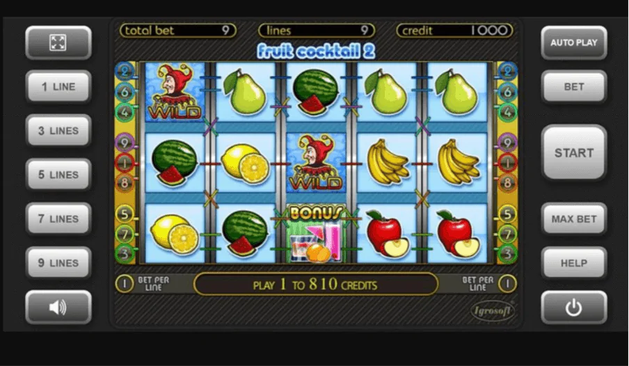 La interfaz de la tragaperras Fruit cocktail 2 incluye comodines y varias frutas, como pera y plátano.
