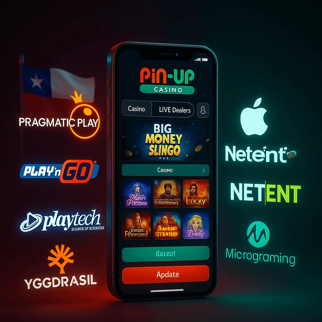 Imagen que muestra los proveedores de software y juegos disponibles en la aplicación de casino PinUp.